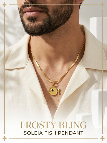 Male model wearing the Soleia Fish Pendant