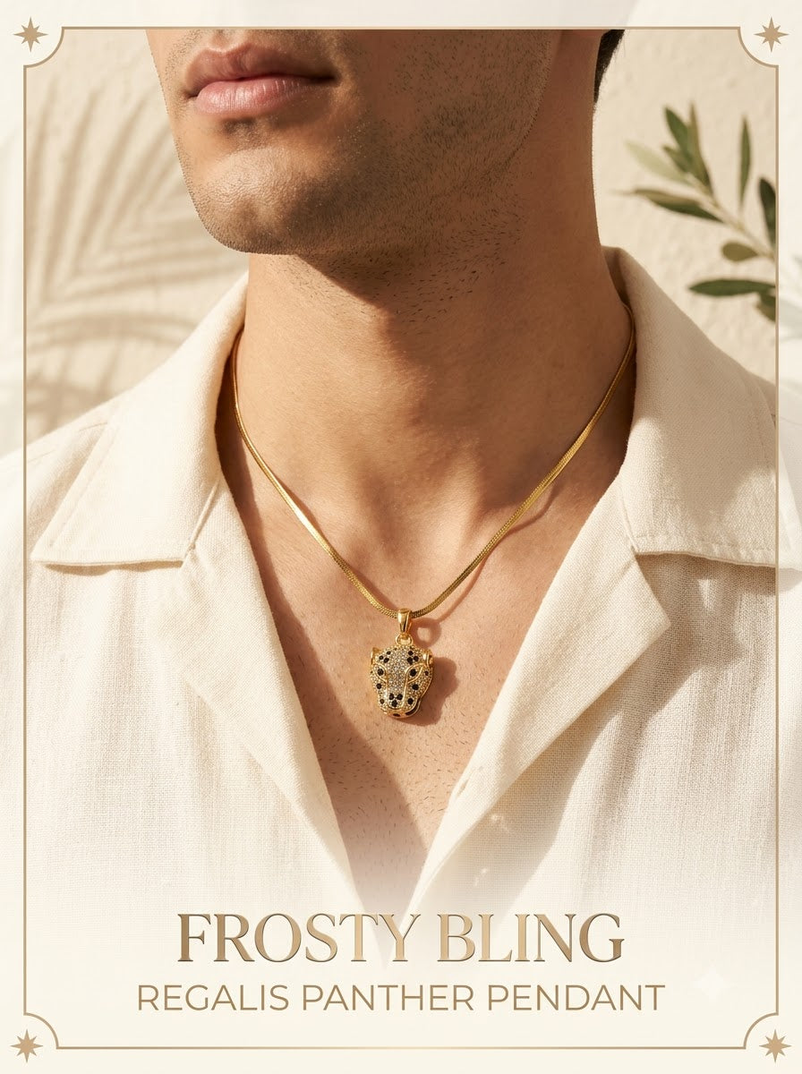 Male model wearing the Regalis Panther Pendant