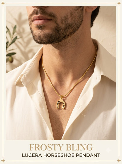 Male model wearing the Lucera Horseshoe Pendant