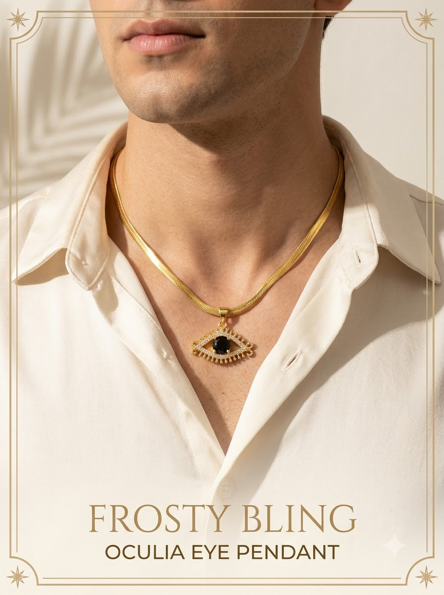 Male model wearing the Oculia Eye Pendant