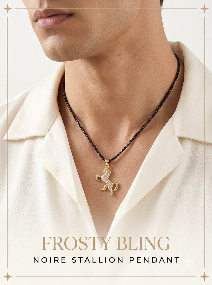 Male model wearing the Noire Stallion Pendant on its black chain