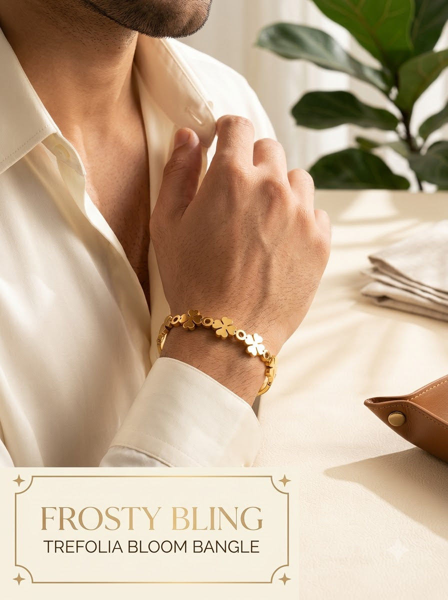 Male model wearing the Trefolia Bloom Bangle on the wrist