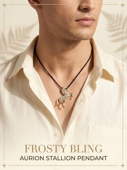 Male model wearing the Aurion Stallion Pendant on its black chain