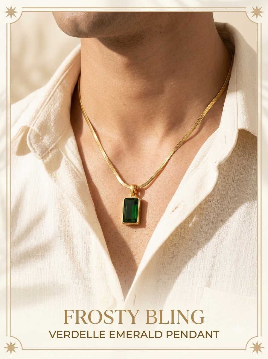 Male model wearing the Verdelle Emerald Pendant