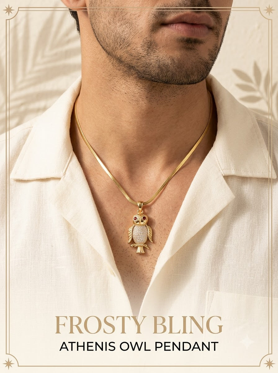 Male model wearing the Athenis Owl Pendant