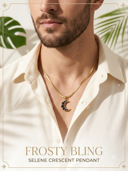 Male model wearing the Selene Crescent Pendant