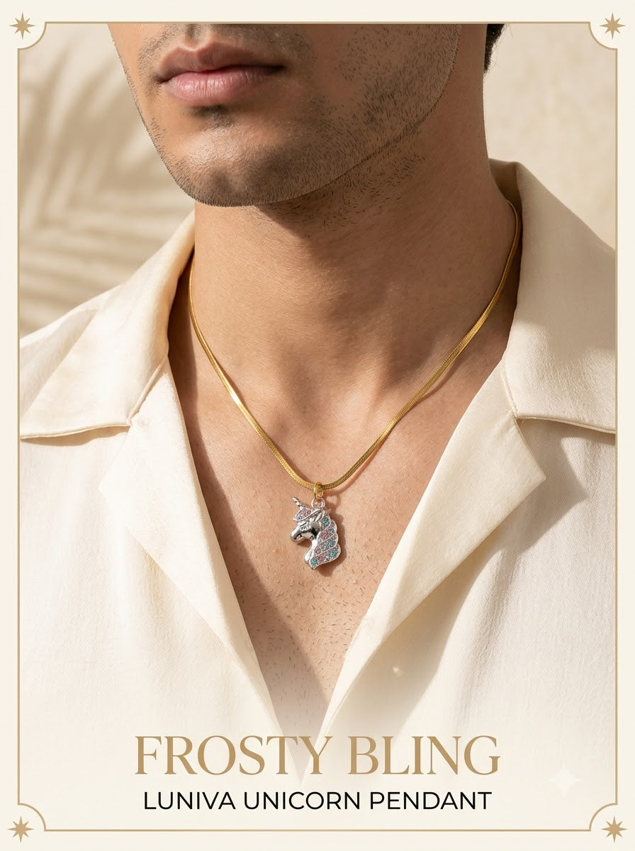 Male model wearing the Luniva Unicorn Pendant
