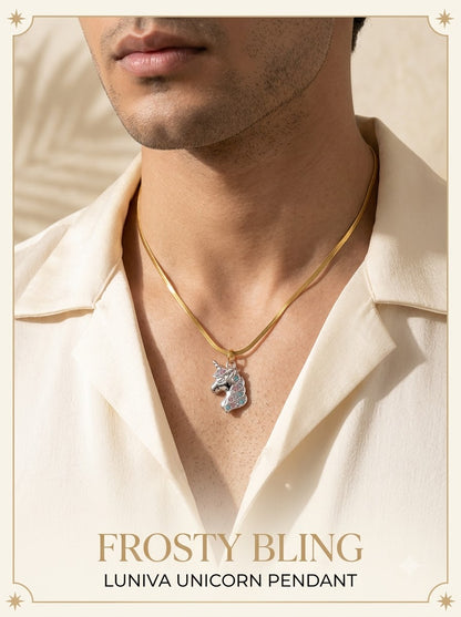 Male model wearing the Luniva Unicorn Pendant