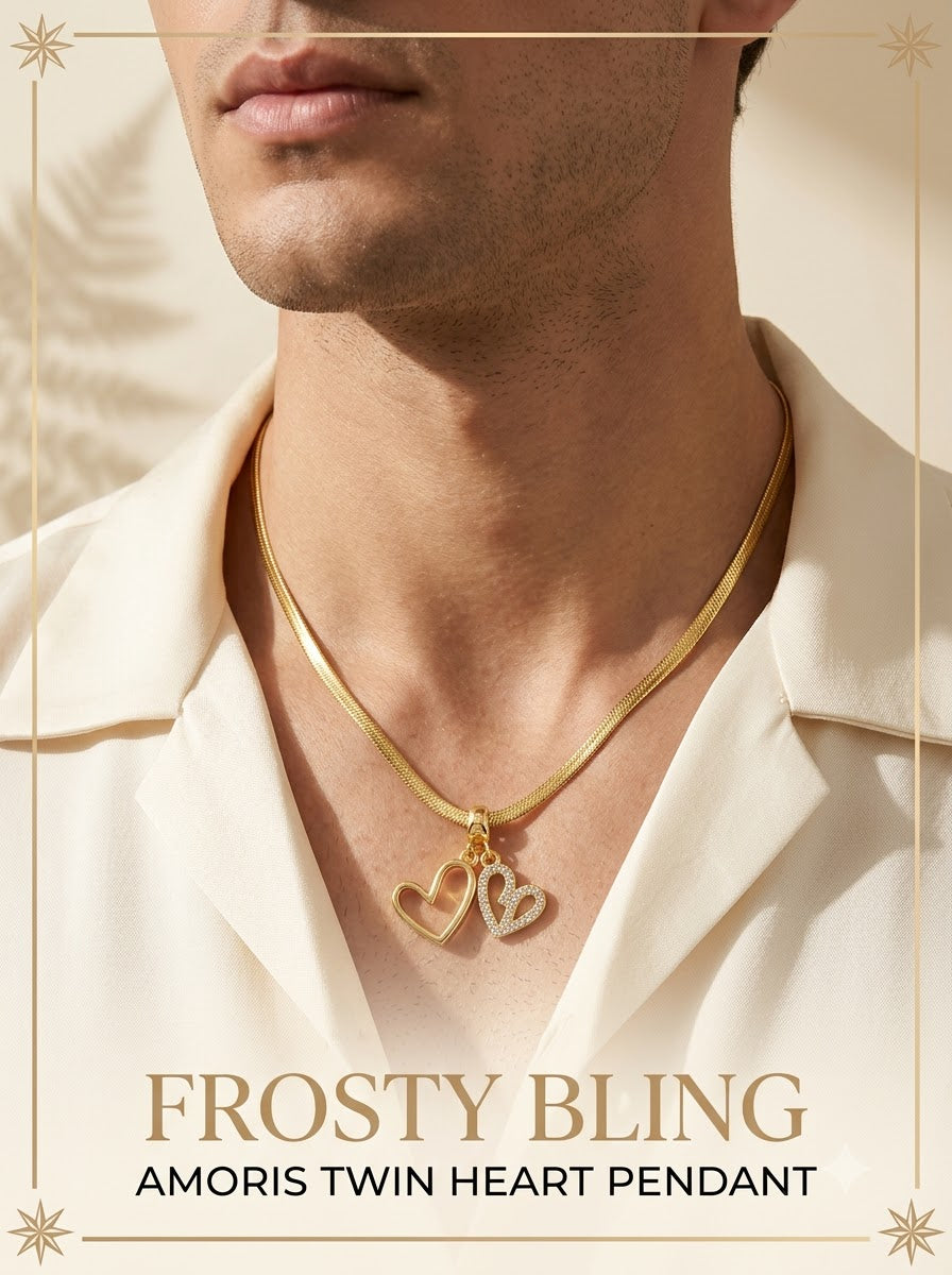 Male model wearing the Amoris Twin Heart Pendant