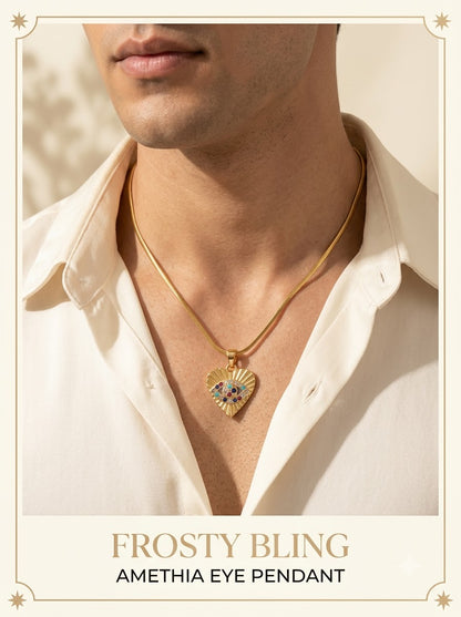 Male model wearing the Amethia Eye Pendant