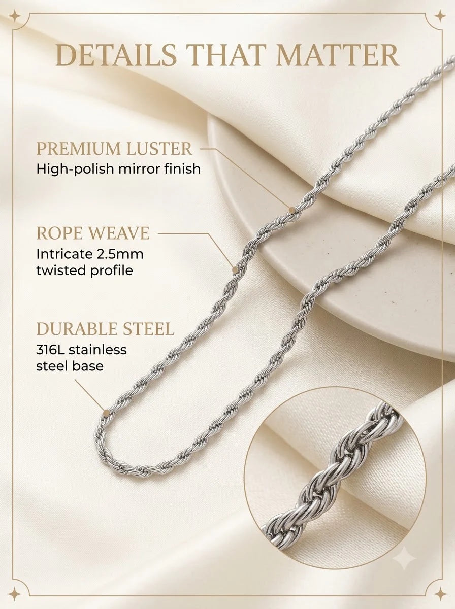 Lucent Rope Chain detail: 2.5mm interlocking twisted rope on 316L stainless steel