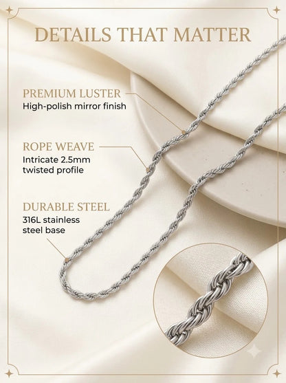 Lucent Rope Chain detail: 2.5mm interlocking twisted rope on 316L stainless steel