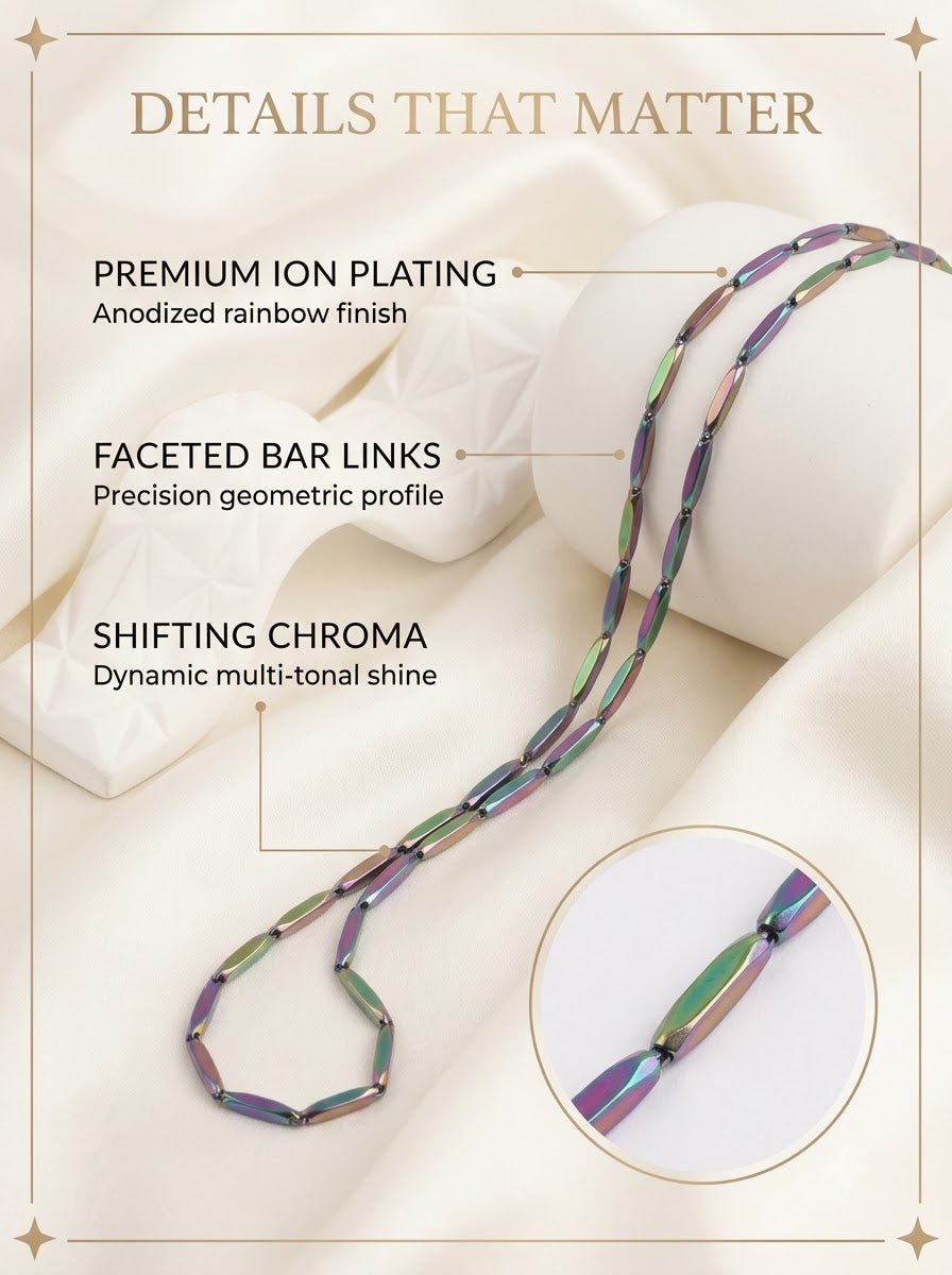 Prisma Chroma Chain detail: anodised rainbow ion plating on faceted 3mm bar links
