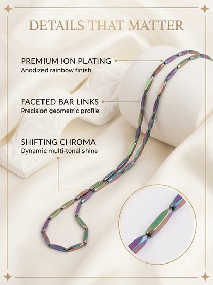 Prisma Chroma Chain detail: anodised rainbow ion plating on faceted 3mm bar links