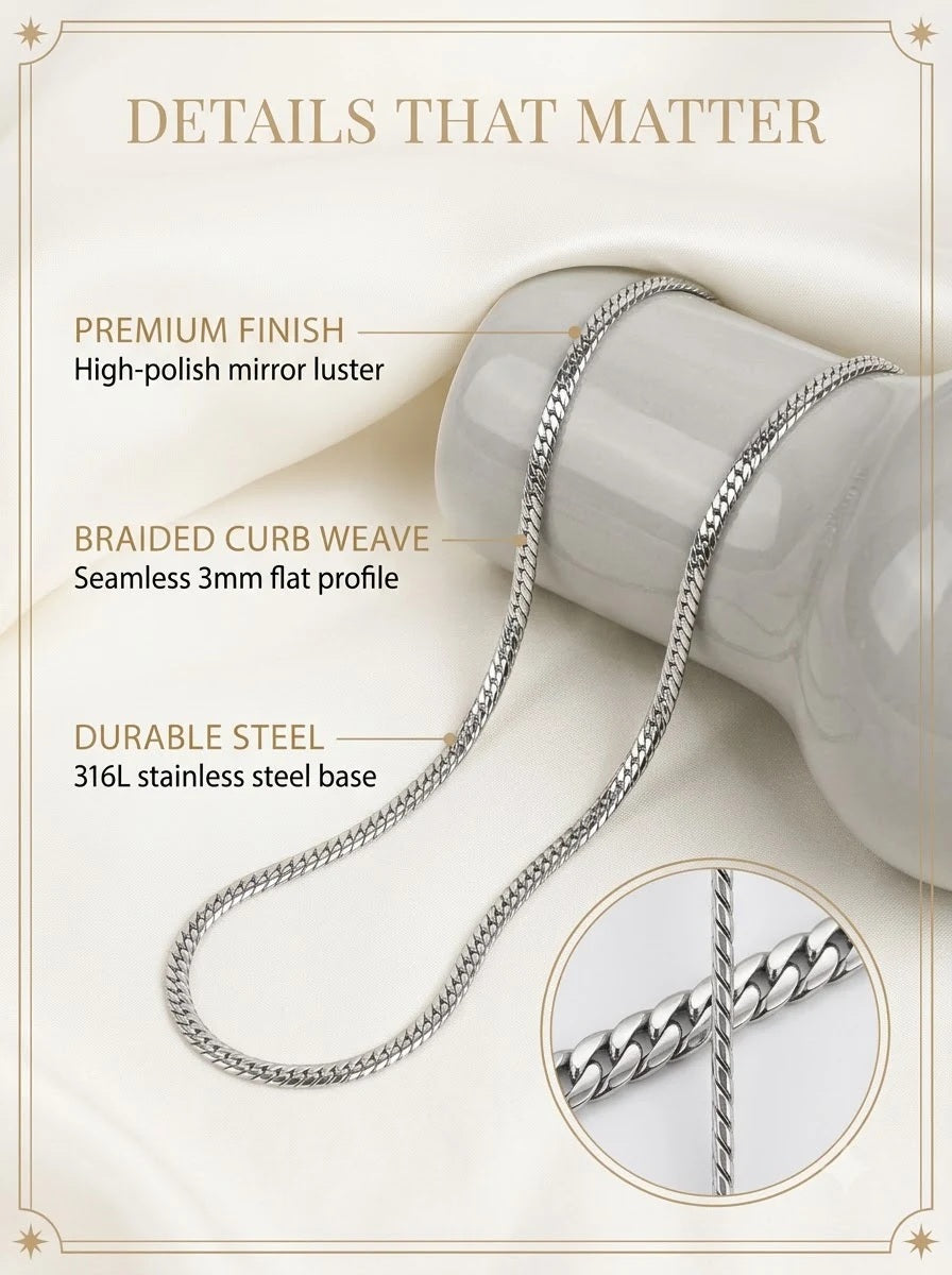 Valens Silver Chain detail: seamless 3mm braided flat curb weave