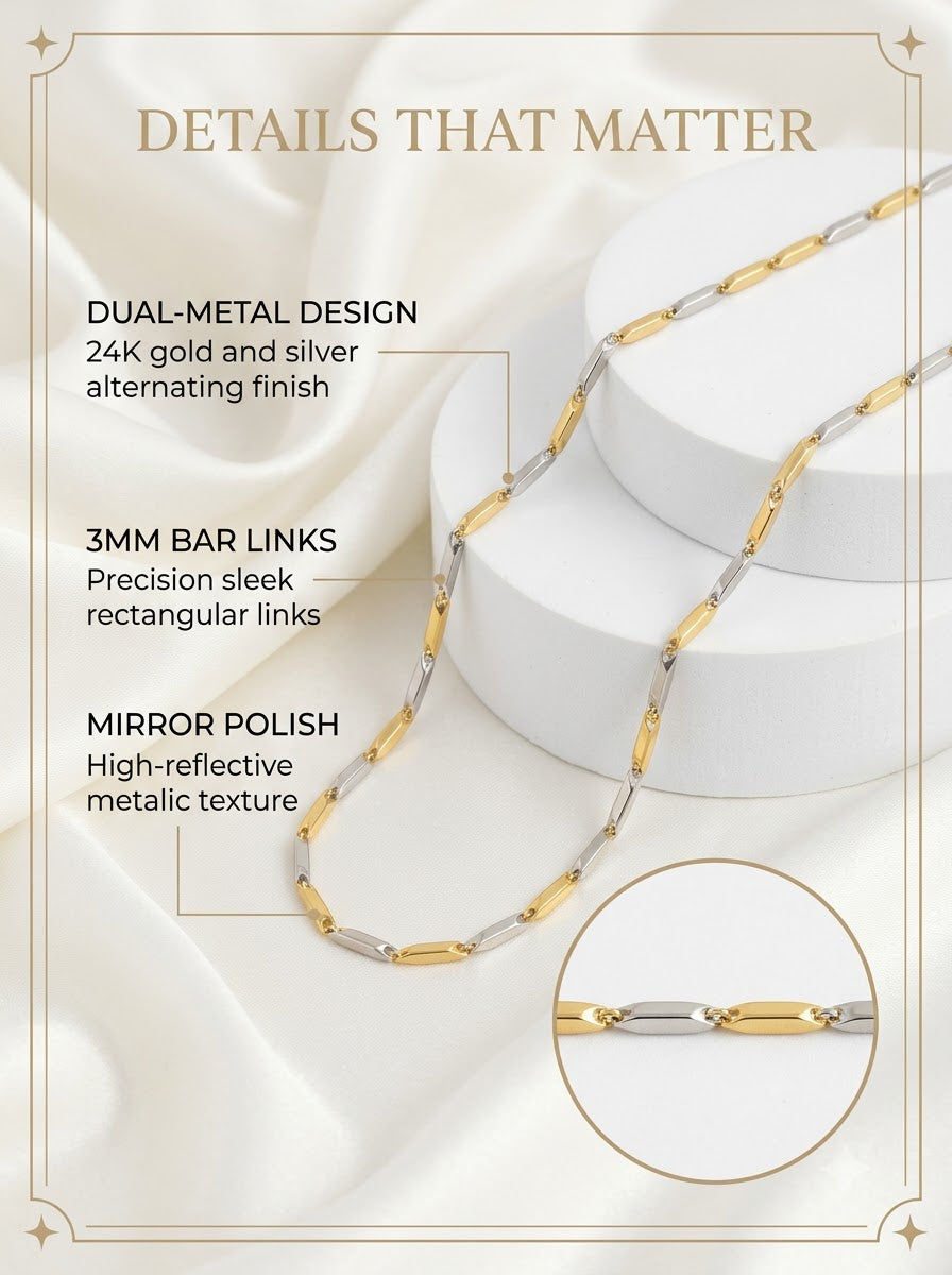 Novaris Two-Tone Chain detail: alternating 24k gold and silver 3mm bar links