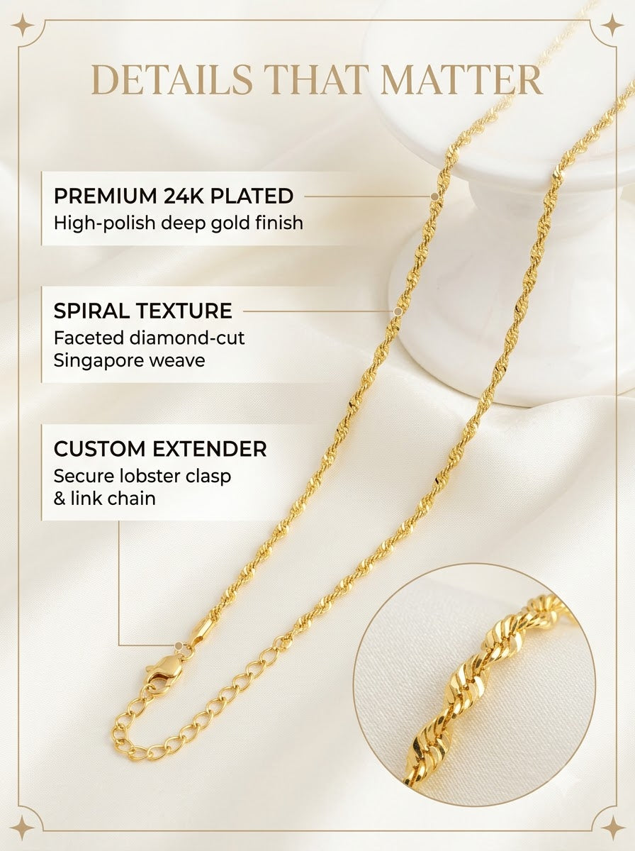 Solis Twist Chain detail: faceted diamond-cut Singapore weave and custom extender