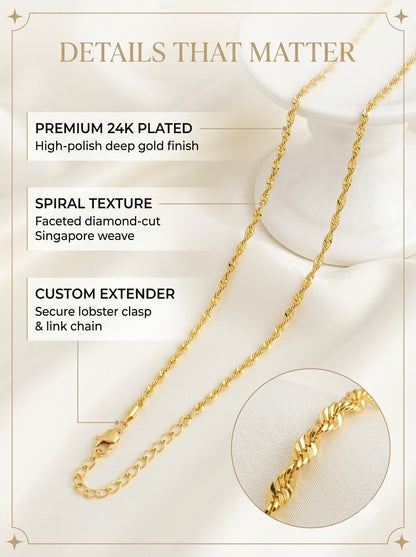 Solis Twist Chain detail: faceted diamond-cut Singapore weave and custom extender