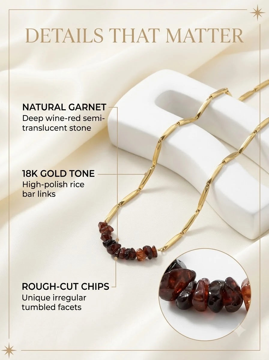 Ruboris Passion Chain detail: rough-cut wine red garnet chips
