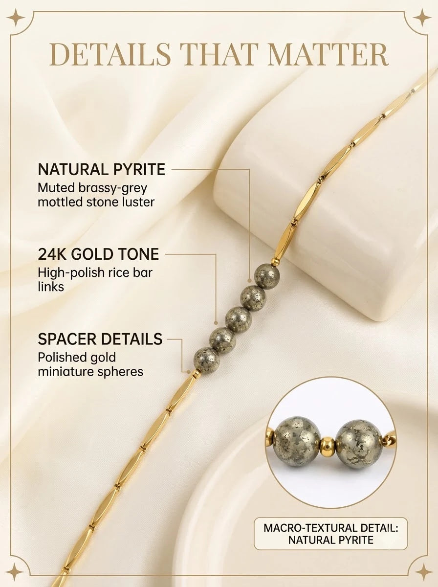 Solari Prosper Chain detail: natural pyrite beads with polished gold spacers
