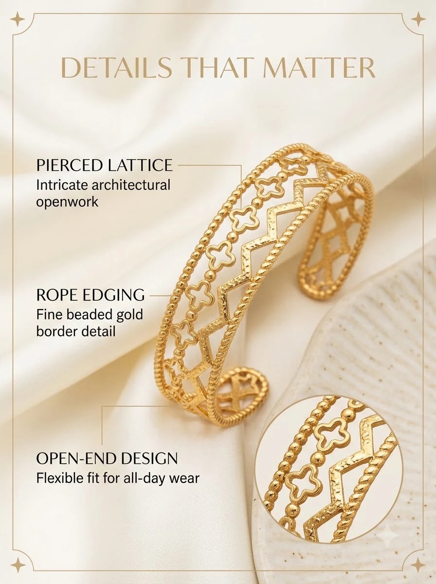 Arcadia Lattice Cuff detail: pierced quatrefoil lattice and beaded rope edging