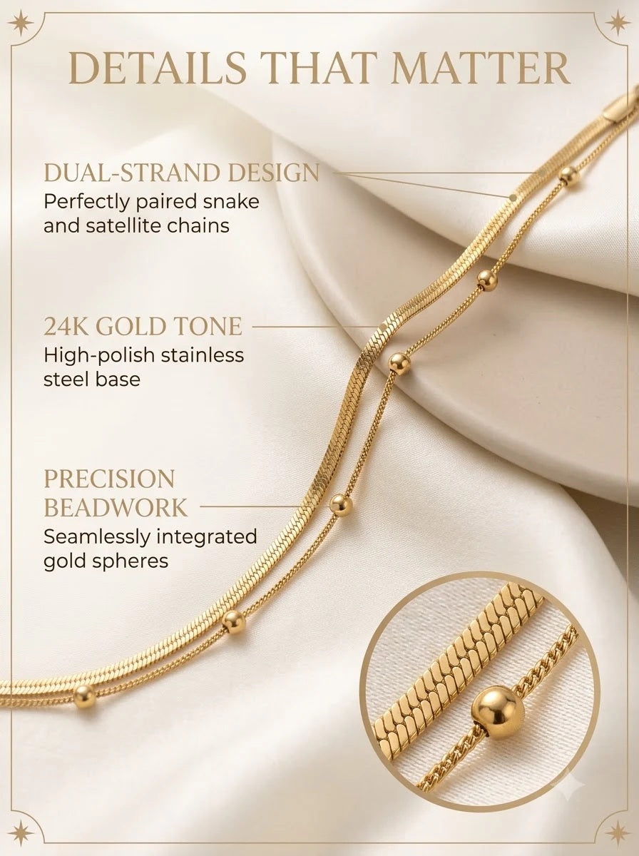 Althea Dual Bracelet detail: paired snake and satellite strands with gold spheres