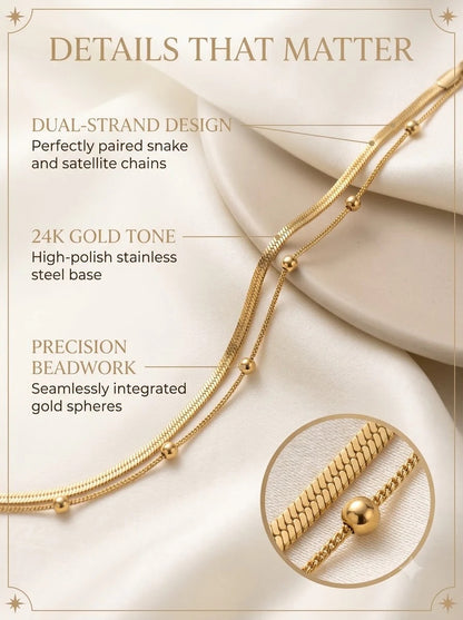 Althea Dual Bracelet detail: paired snake and satellite strands with gold spheres