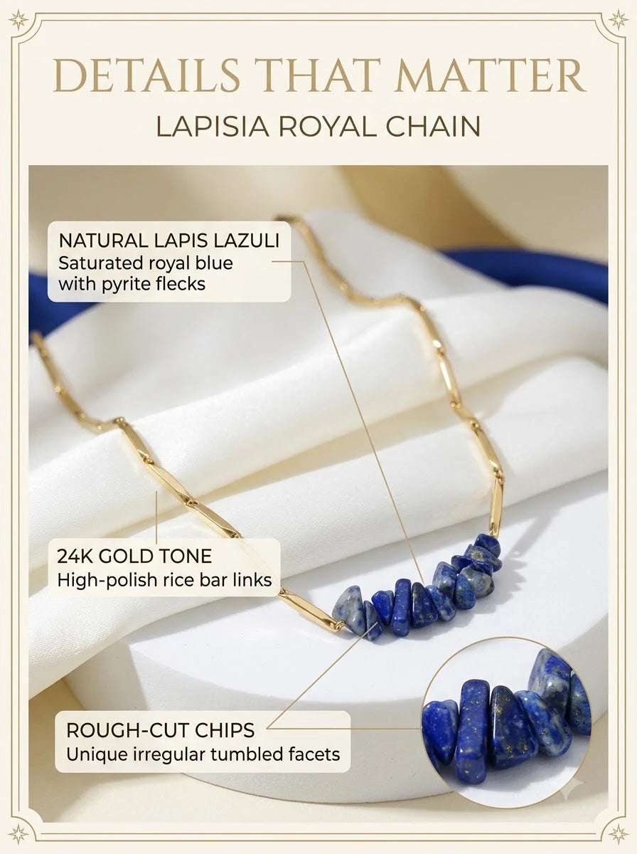 Lapisia Royal Chain detail: rough-cut lapis lazuli chips with pyrite flecks