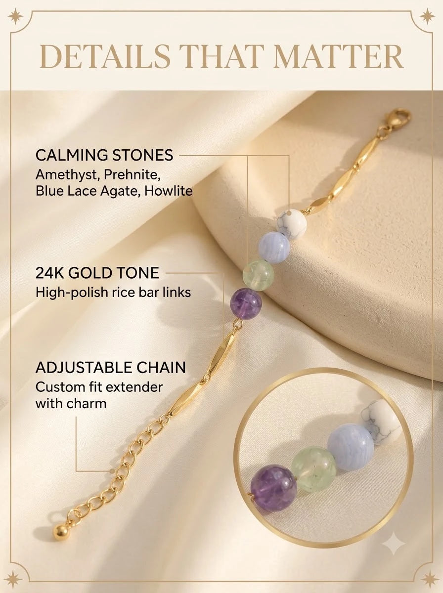 Serenella Pastel Bracelet detail: amethyst, prehnite, blue lace agate and howlite beads