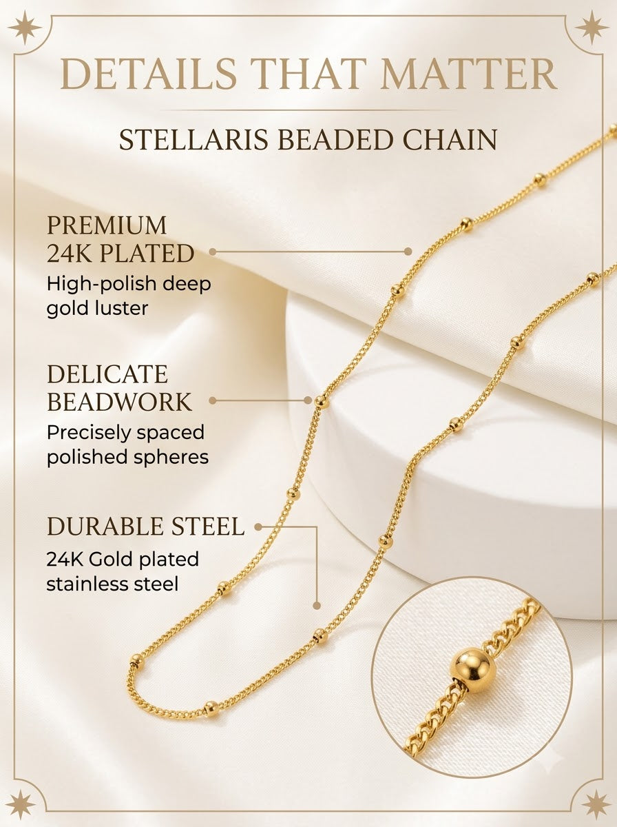 Stellaris Beaded Chain detail: precisely spaced polished spheres on 24k gold plated steel