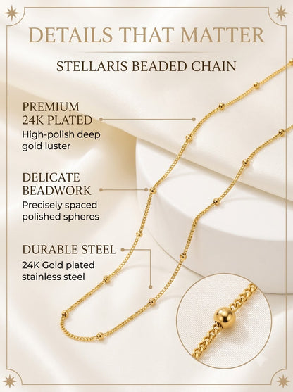 Stellaris Beaded Chain detail: precisely spaced polished spheres on 24k gold plated steel