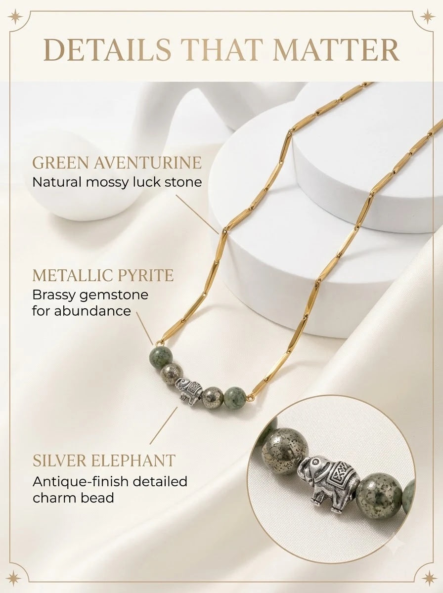 Fortuna Gaian Chain detail: green aventurine, pyrite and antique silver elephant charm