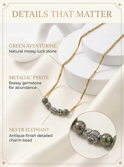 Fortuna Gaian Chain detail: green aventurine, pyrite and antique silver elephant charm