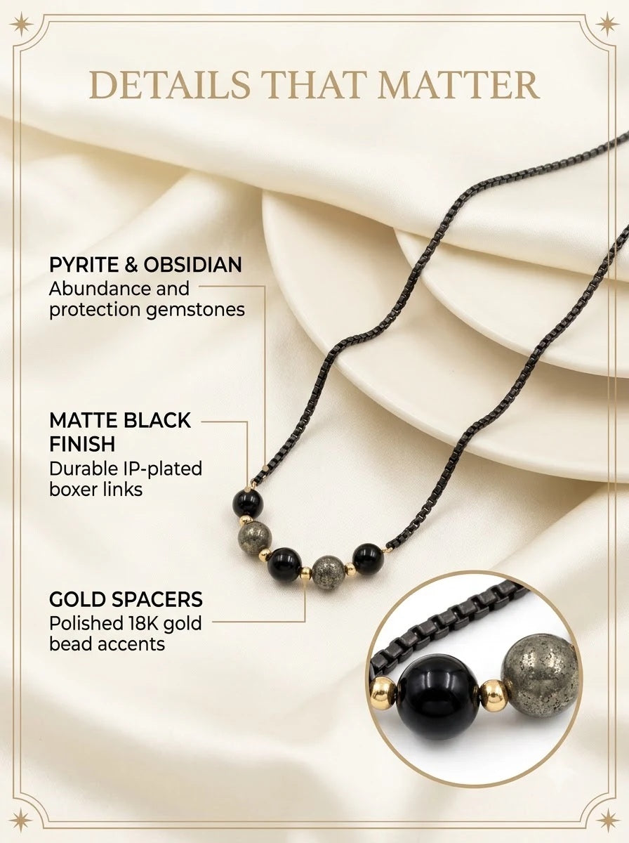 Umbra Crystal Chain detail: pyrite and obsidian on matte black boxer links