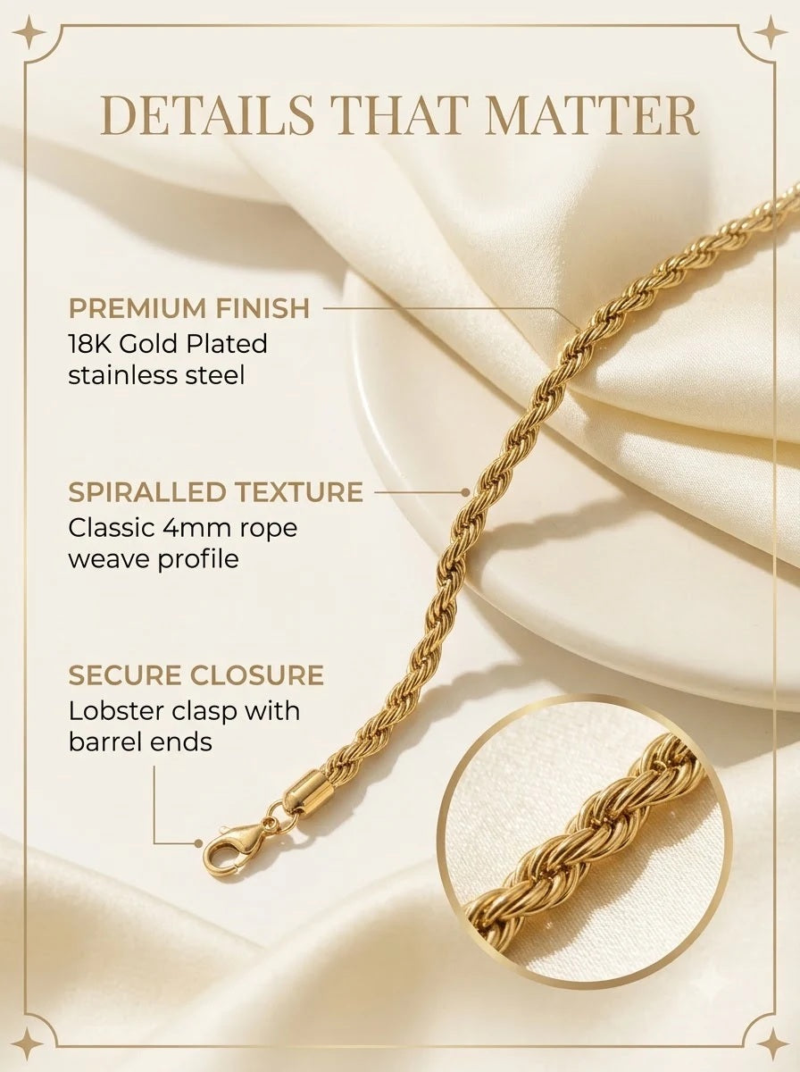 Lyrian Rope Bracelet detail: 4mm spiralled rope weave and barrel end caps