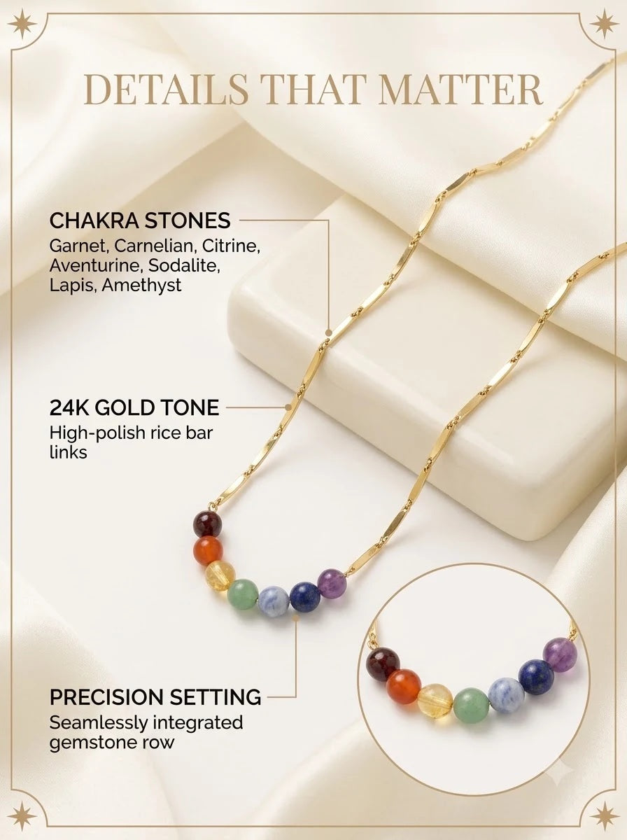 Zenitha Chakra Chain detail: seven chakra gemstones set into 24k gold rice bar links