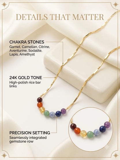 Zenitha Chakra Chain detail: seven chakra gemstones set into 24k gold rice bar links