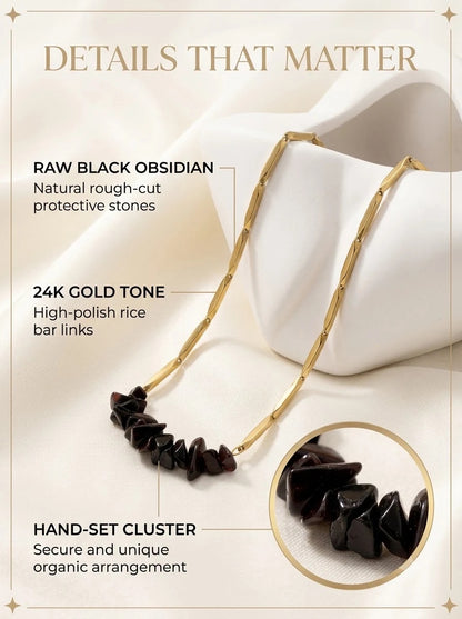 Vantis Grounding Chain detail: hand-set raw black obsidian chip cluster