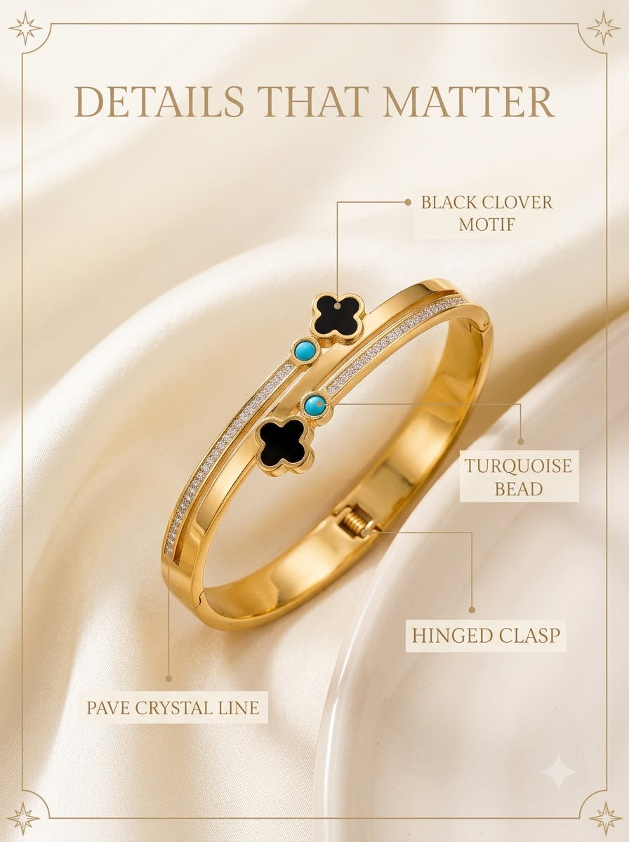 Azurelle Clover Bangle detail: black clover motif, turquoise bead, pave line and hinged clasp