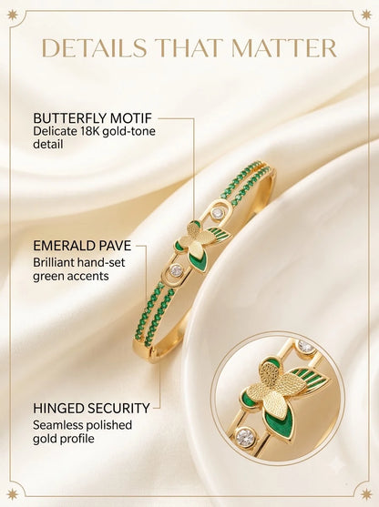 Evanthe Emerald Bangle detail: butterfly motif, emerald pave channels and hinged security