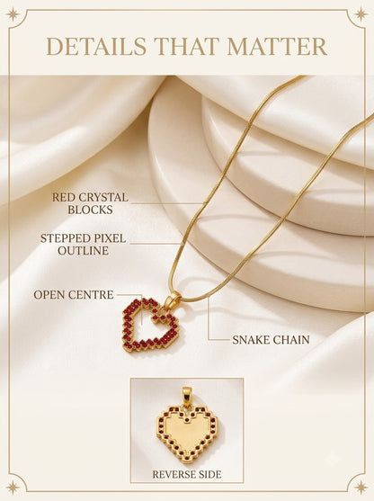 Pixelia Heart Pendant detail: red crystal blocks, stepped pixel outline, open centre and snake chain