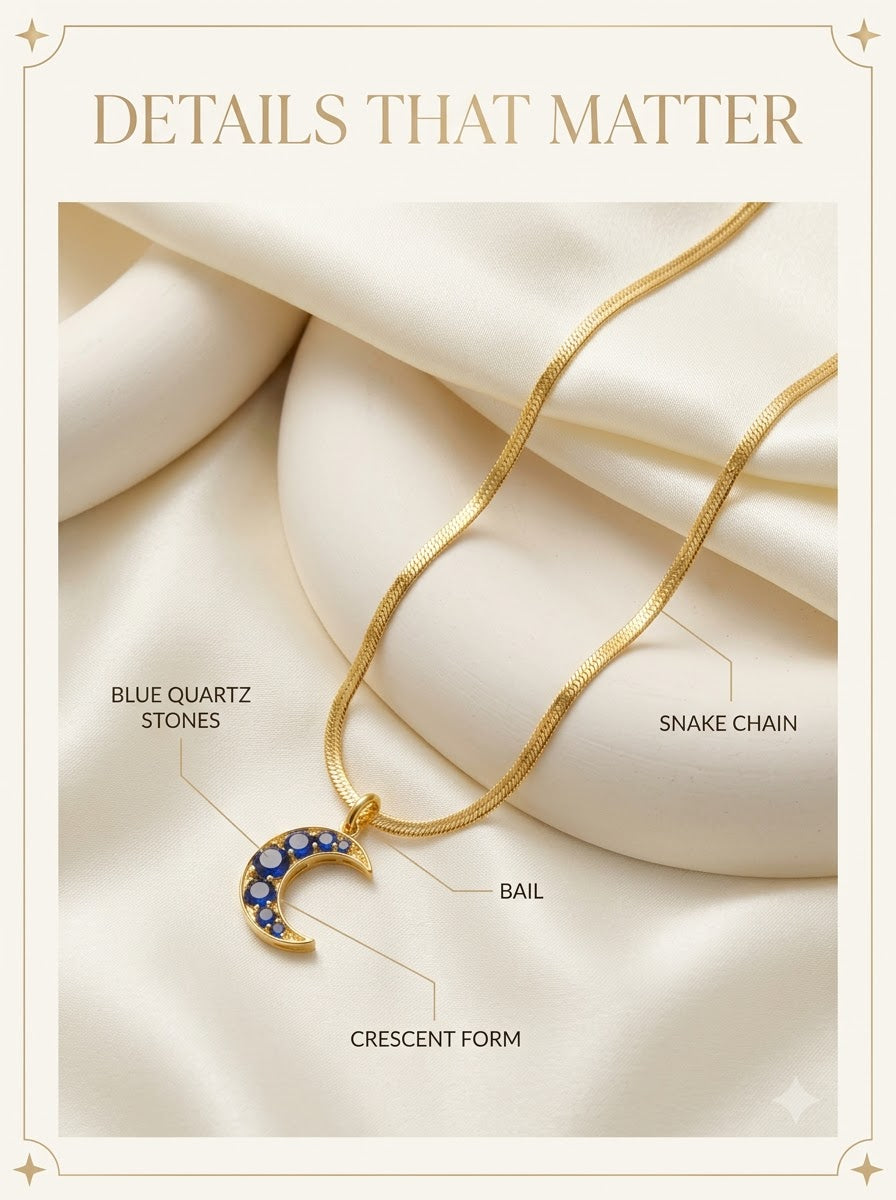 Selene Crescent Pendant detail: blue quartz stones, crescent form, bail and snake chain