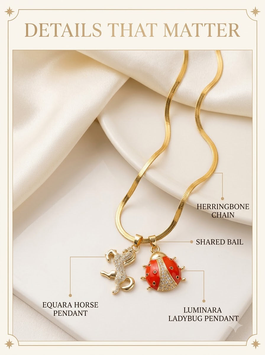 Equara and Luminara Duo Set detail: horse pendant, ladybug pendant, shared bail and herringbone chain