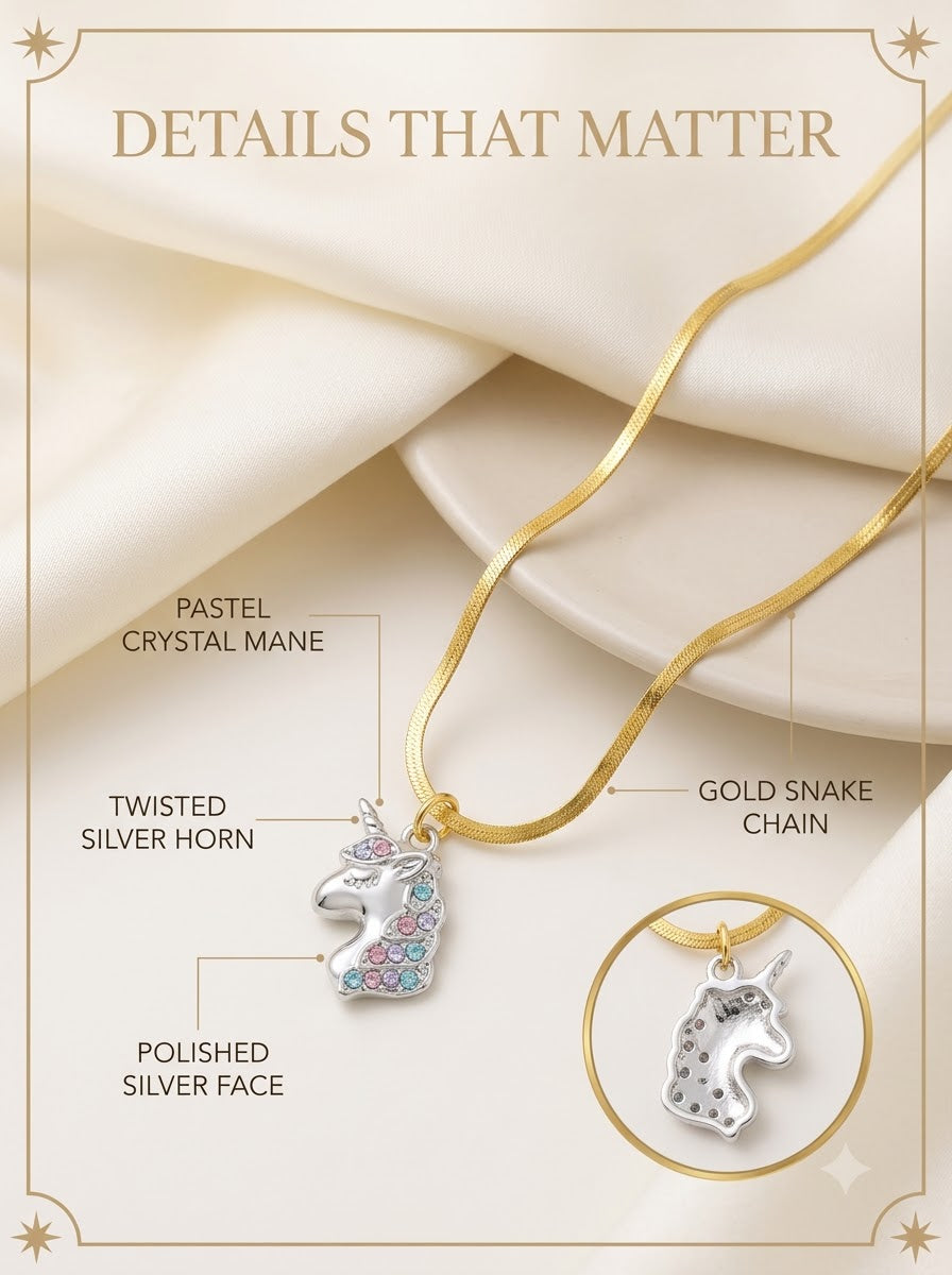 Luniva Unicorn Pendant detail: pastel crystal mane, twisted silver horn, polished face and gold chain