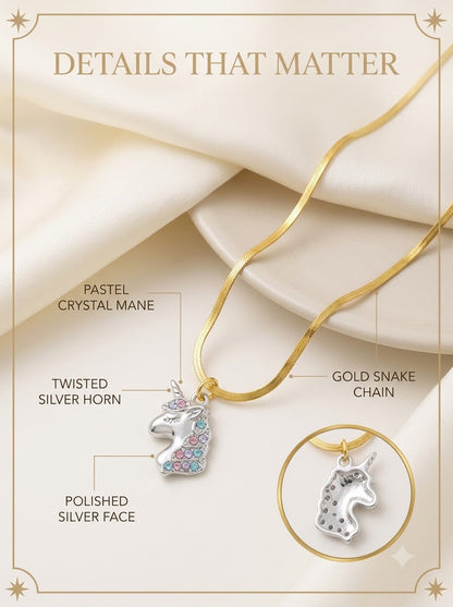 Luniva Unicorn Pendant detail: pastel crystal mane, twisted silver horn, polished face and gold chain