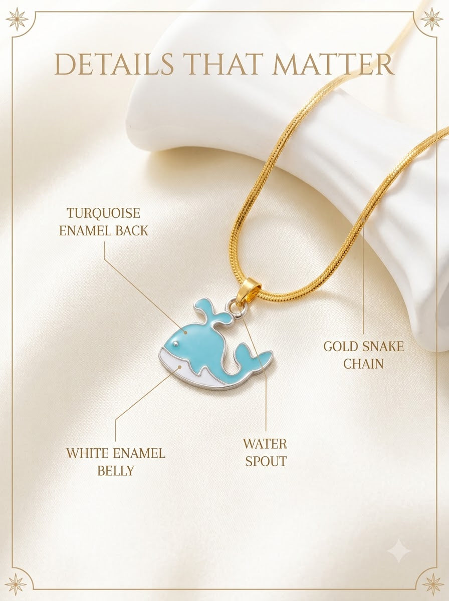 Celimar Whale Pendant detail: turquoise enamel back, white enamel belly, water spout and gold snake chain