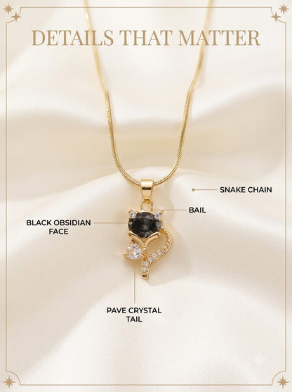 Vulpia Fox Pendant detail: black obsidian face, pave crystal tail, bail and snake chain