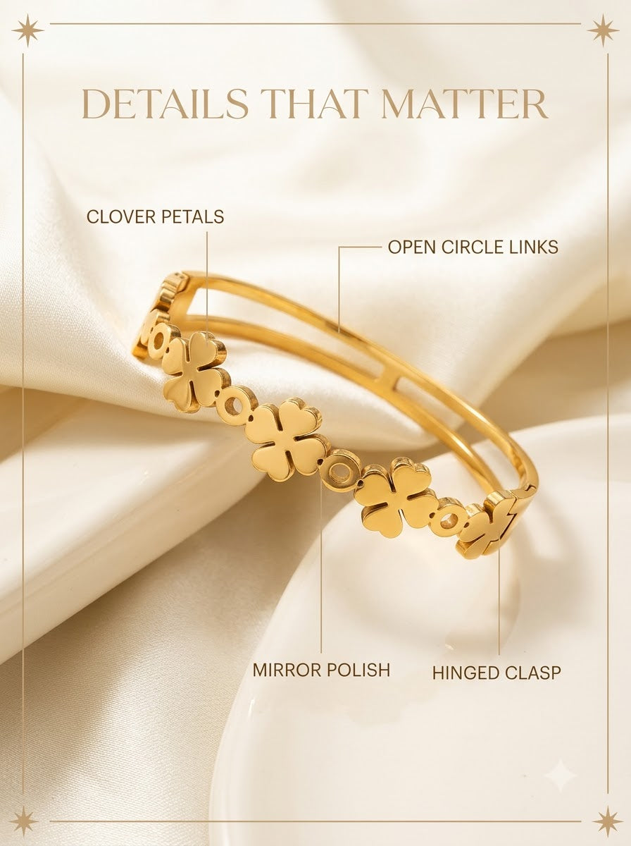 Trefolia Bloom Bangle detail: clover petals, open circle links, mirror polish and hinged clasp