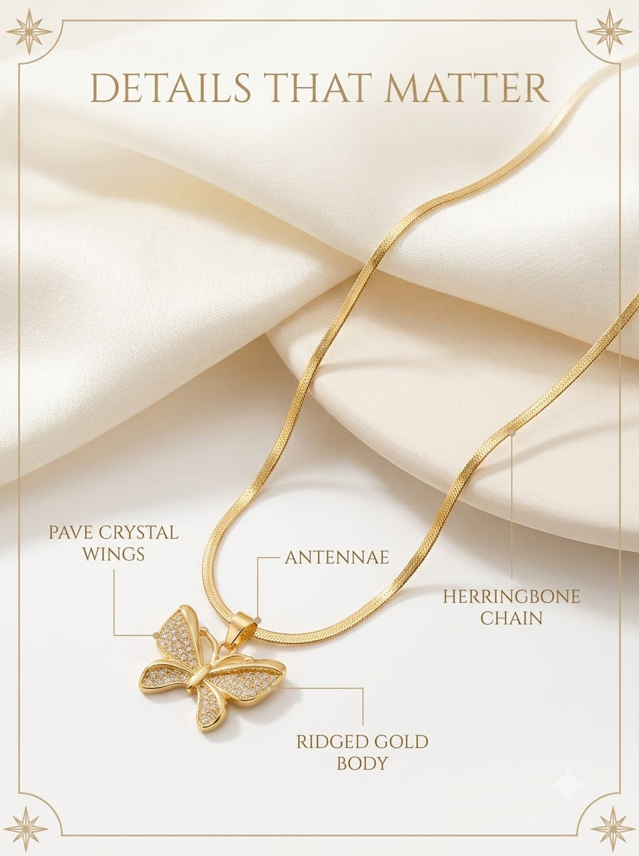 Papilia Butterfly Pendant detail: pave crystal wings, ridged gold body, antennae and herringbone chain