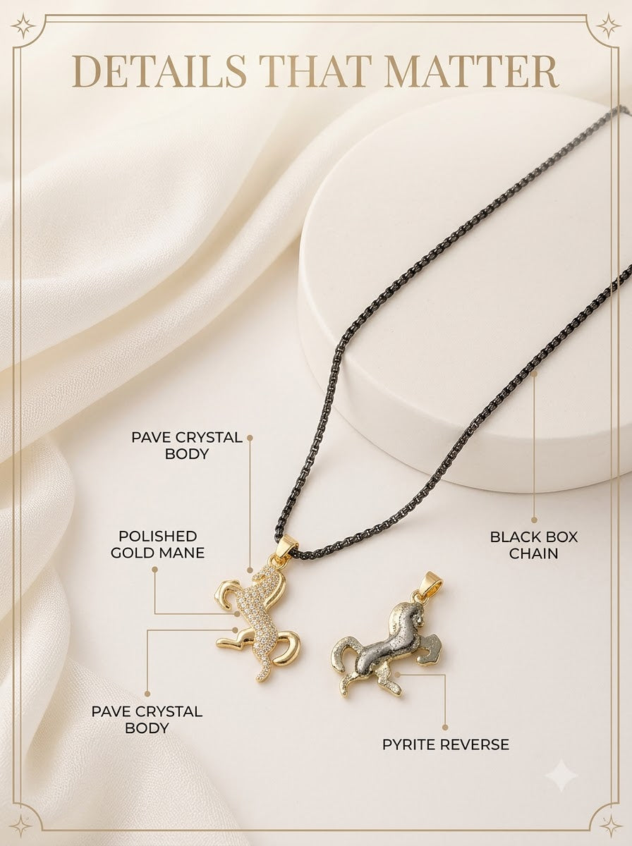 Noire Stallion Pendant detail: pave crystal body, polished gold mane, pyrite reverse and black box chain